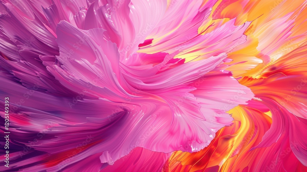 Fototapeta premium Colorful, abstract painting of a flower with pink and yellow petals