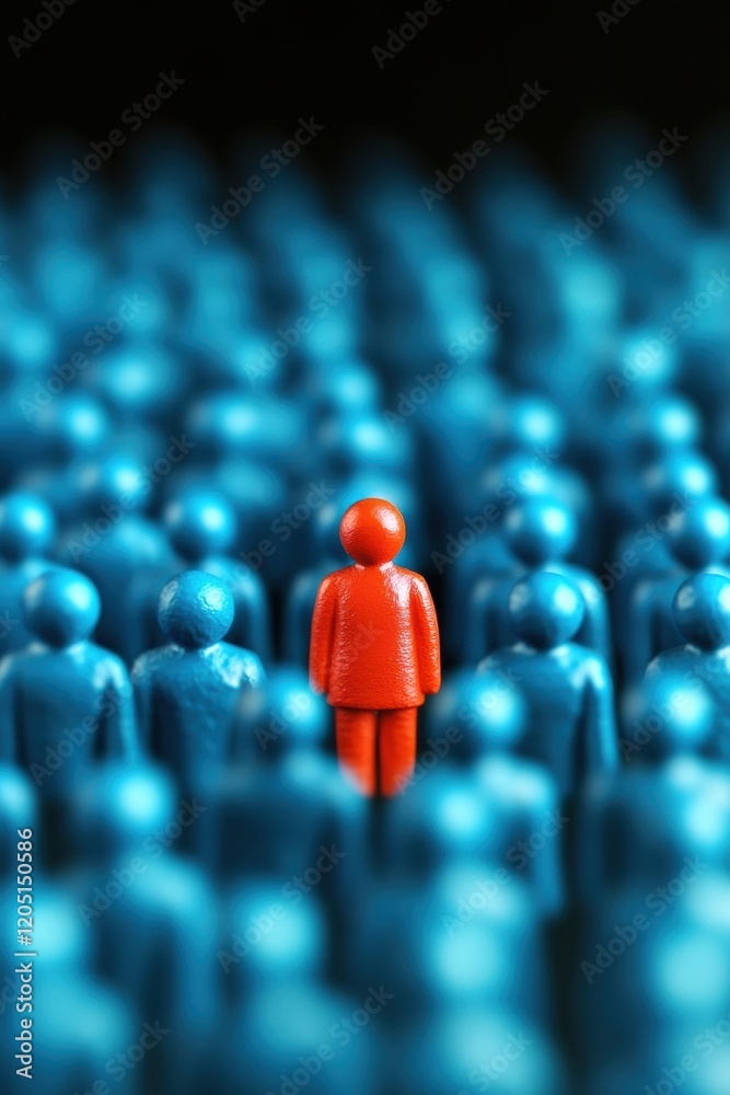 Fototapeta premium A unique red figure stands out among numerous blue figures, symbolizing individuality and differentiation in a crowd.