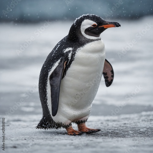 A penguin waddling on snow, side-view, full body in sharp focus, blurred icy background, high-resolution DSLR photo.