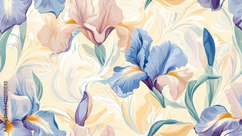 Wallpaper Mural Elegant Iris Seamless Pattern, intricate design featuring soft pastel tones, perfect for textiles and wallpaper, enhancing any decor with floral charm Torontodigital.ca