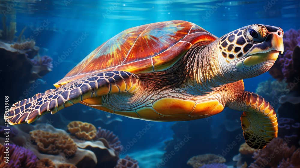 Obraz premium Sea Turtle gracefully swimming through vibrant coral reefs in a clear ocean environment during daylight hours