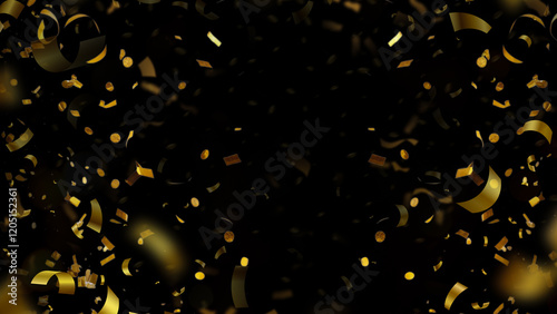 falling gold confetti overlay on dark black background, sparkling effect overlay for event designs, celebration or holiday atmosphere with glowing glitter, festive background for parties .Gold Confett