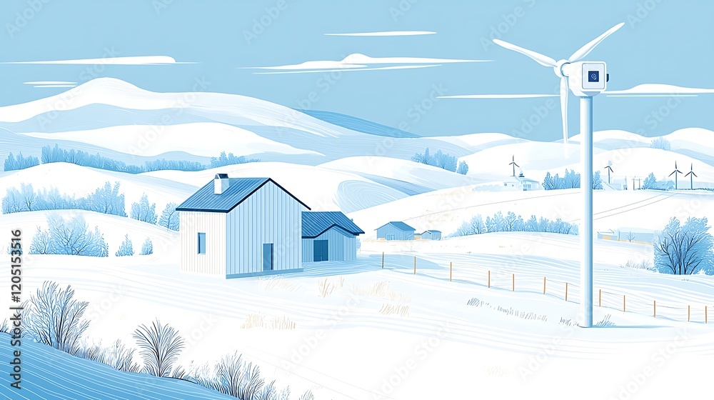 Sustainable Winter Landscape Modern Homes and Wind Turbines in Snowy Hills. Sustainable Winter Landscape Modern Homes and Wind Turbines in Snowy Hills.