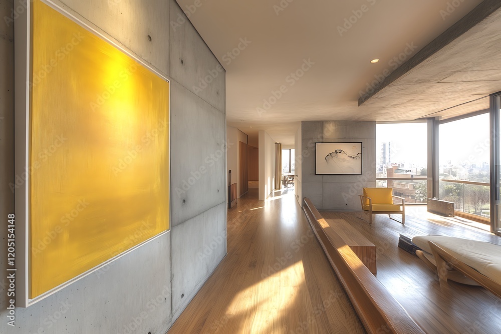Fototapeta premium Minimalist home interior design of modern living room. Transitional hallway with yellow artwork on concrete gray wall. Wooden staircase leads up to area, with lounge chair with wooden arms and legs