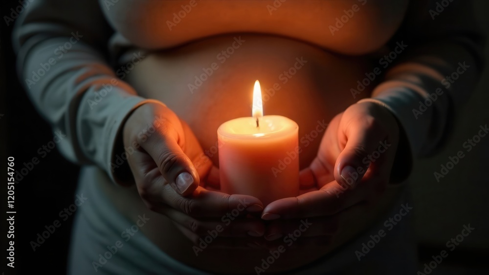 Fototapeta premium Pregnant woman holding in hands a burning candle in the darkness background. Health pray. World religion day. Concept of future telling. Spiritual healing and energy of soul. Praying mother