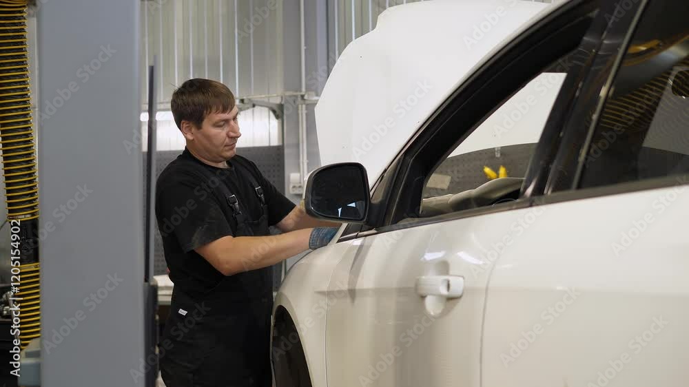 An auto mechanic works in an auto repair shop, he repairs something under the hood. The car is lifted on a lift to the service station. The process of working at a modern service station. An auto mechanic works in an auto repair shop, he repairs something under the hood. The car is lifted on a lift to the service station. The process of working at a modern service station.