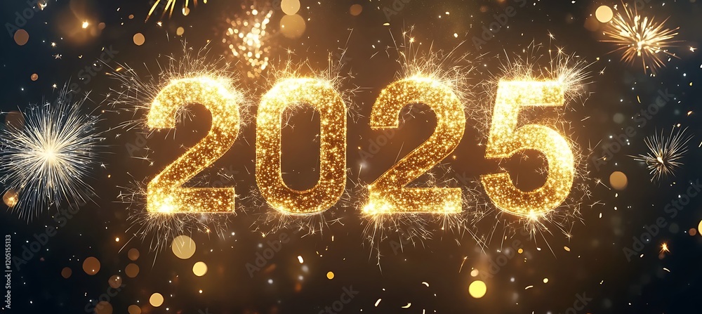 Happy New Year 2025 - Golden Sparkler Numbers And Fireworks In Glowing Sparkling Background - Holiday Billboard With Creative Text Happy New Year 2025 - Golden Sparkler Numbers And Fireworks In Glowing Sparkling Background - Holiday Billboard With Creative Text
