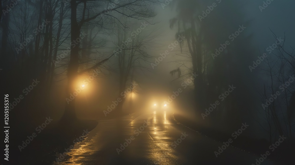 The dark and foggy road is lit up by the headlights of an approaching car. The trees on either side of the road are silhouetted against the sky. The dark and foggy road is lit up by the headlights of an approaching car. The trees on either side of the road are silhouetted against the sky.