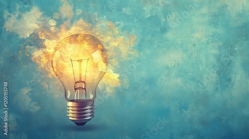 Light bulb surrounded by emerging creative ideas, set against a soft blue background, symbolizing inspiration, growth, and innovative thinking photo