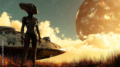 A unique alien creature standing beside a spacecraft with the vastness of space behind them photo