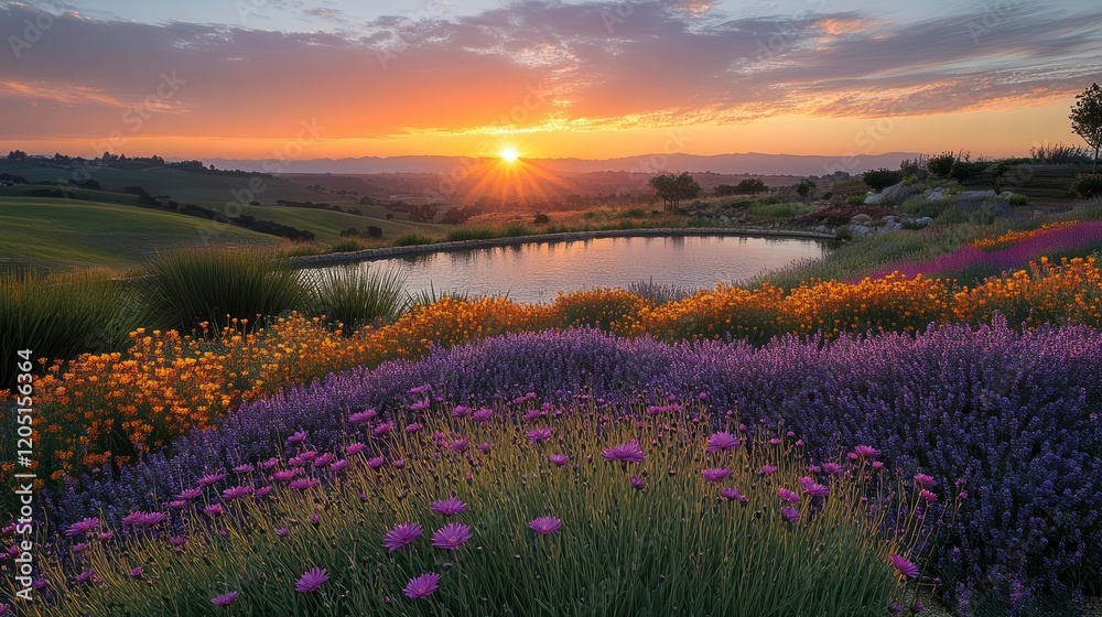 Obraz premium A vibrant sunset over a serene landscape filled with colorful flowers, reflecting on a peaceful pond.