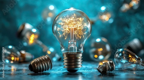 Light bulb surrounded by emerging creative ideas, set against a soft blue background, symbolizing inspiration, growth, and innovative thinking photo