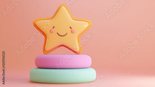 A cheerful, smiling star toy sits on colorful rings against a soft pastel background, perfect for children's decor and playful themes. photo