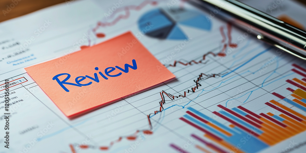 Colorful Financial Charts with Sticky Note Labeling Review on a Desk Surrounded by a Pen and Office Supplies for Business Analysis Colorful Financial Charts with Sticky Note Labeling Review on a Desk Surrounded by a Pen and Office Supplies for Business Analysis