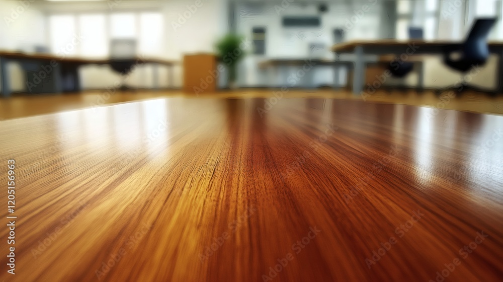 Polished Wooden Tabletop in Modern Office Setting Polished Wooden Tabletop in Modern Office Setting