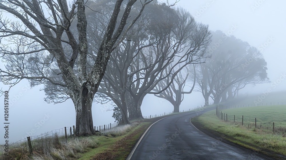 Foggy road with a row of trees on the side. The road is bordered by a wooden fence. The trees are bare, without leaves. The image is in muted colors. Foggy road with a row of trees on the side. The road is bordered by a wooden fence. The trees are bare, without leaves. The image is in muted colors.