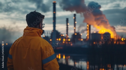 A contemplative figure in a yellow jacket watches smoke billowing from industrial chimneys at dusk, reflecting environmental concerns.