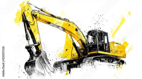 Yellow excavator working on a construction site during a sunny day with splashes of paint in the background