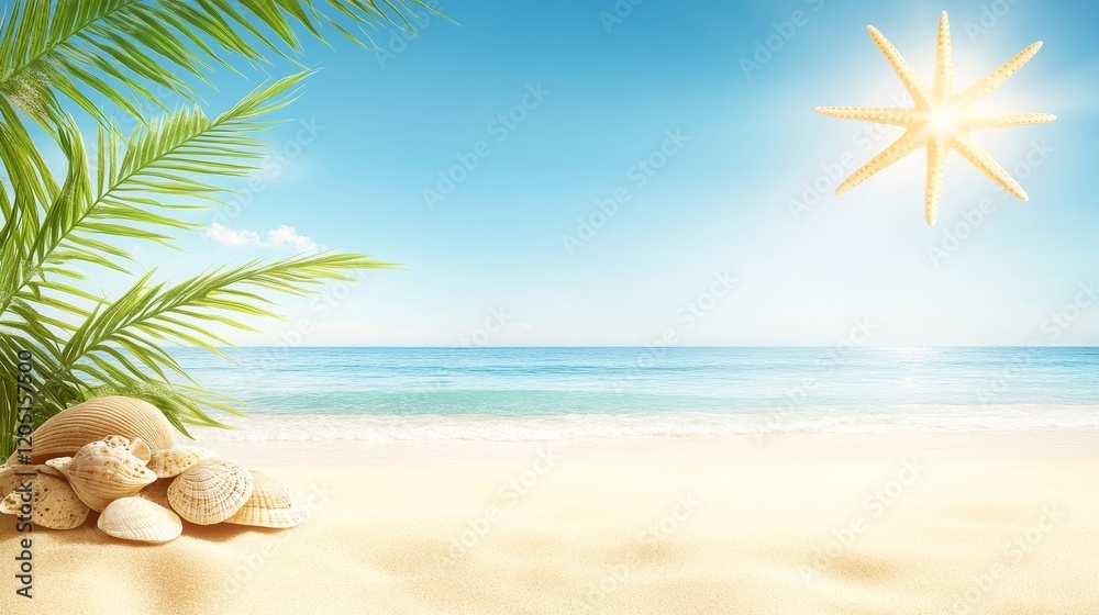 Obraz premium Idyllic Beach Scene with Seashells and Palm Fronds