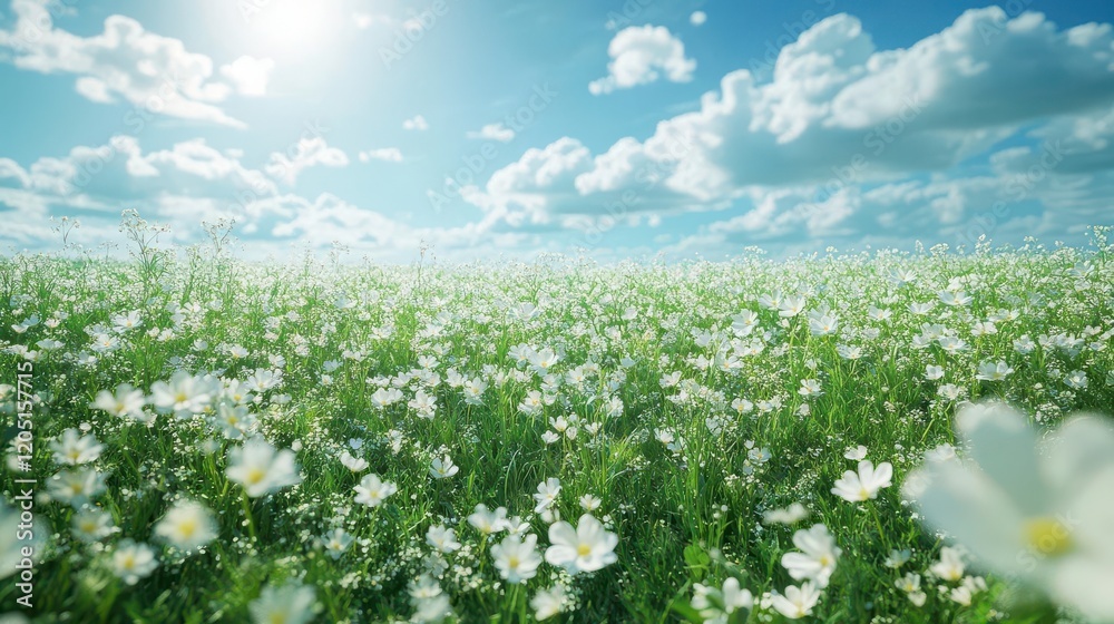 A vibrant field of white flowers under a bright blue sky with fluffy clouds, illuminated by sunlight, creating a serene and peaceful atmosphere.