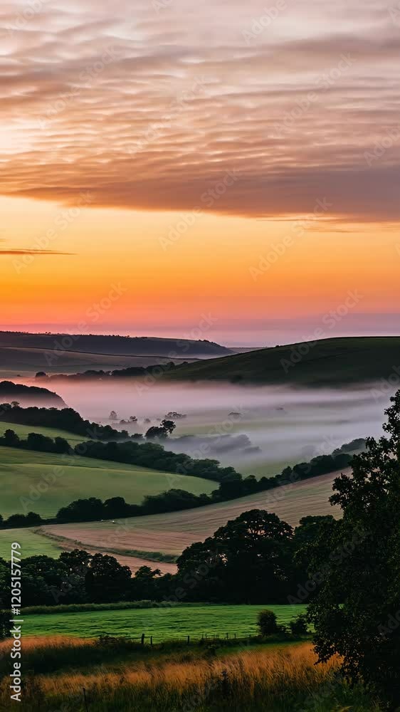 Captivating sunrise over rolling hills with mist and vibrant colors in the rural landscape Captivating sunrise over rolling hills with mist and vibrant colors in the rural landscape