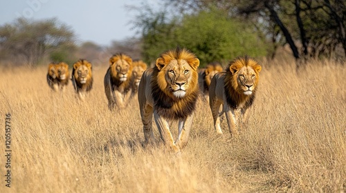 Lion pride hunting in the savanna with a majestic male lion in focus, representing the raw beauty, power, and balance of wildlife in its natural habitat.  photo