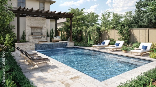 A pool with a stone wall and a patio with lounge chairs
