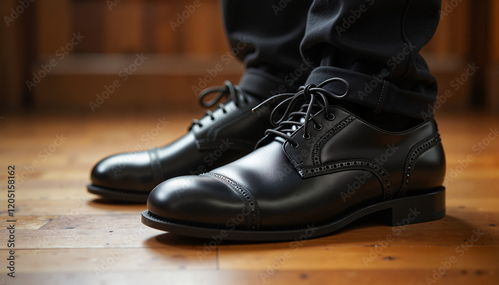 Elegant black dress shoes on wooden floor Elegant black dress shoes on wooden floor