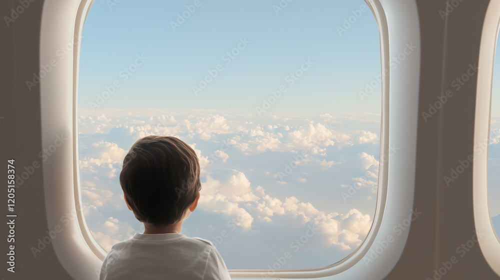 Child Gazing Out Airplane Window in Awe of Clouds and Horizon Child Gazing Out Airplane Window in Awe of Clouds and Horizon