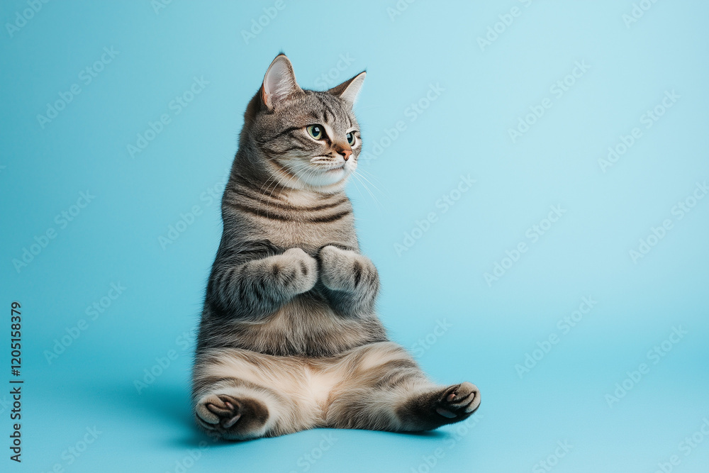 Obraz premium Studio Shot of Gray and White Striped Cat Sitting on Blue Background