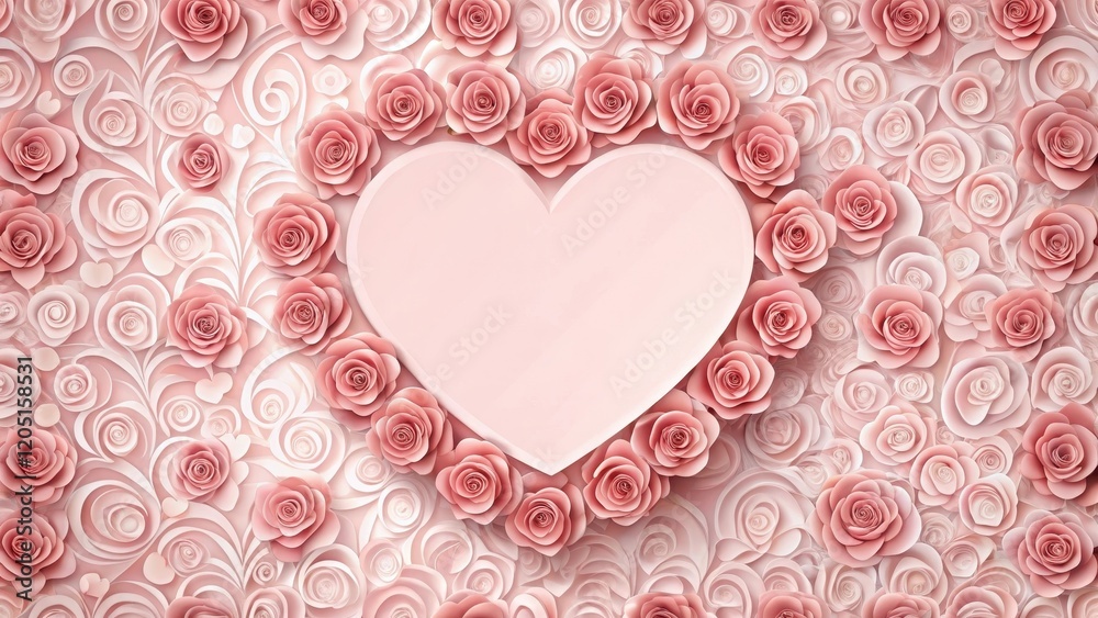 Delicate heart-shaped invitation card with a subtle red rose pattern and soft pink background Delicate heart-shaped invitation card with a subtle red rose pattern and soft pink background