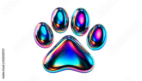 3D chrome element in Y2K style, isolated background, liquid holographic metal. Colorful paw print with a metallic shine, different colors, vibrant.