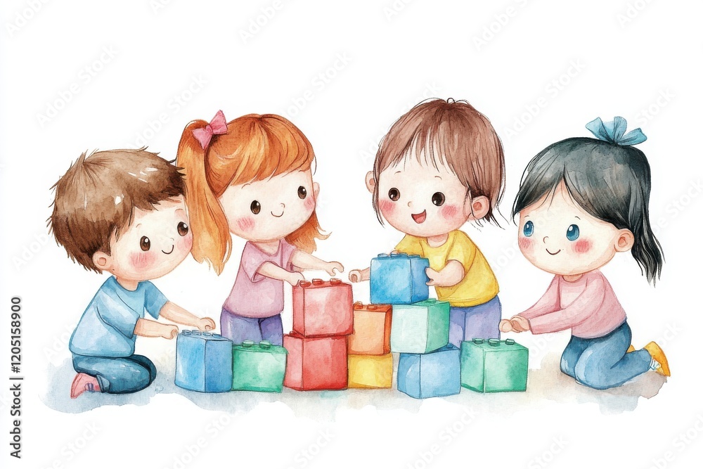 Four children playing together with colorful building blocks, fostering creativity and teamwork in a playful setting. Four children playing together with colorful building blocks, fostering creativity and teamwork in a playful setting.