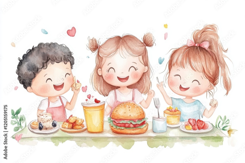 Three happy children enjoying a delicious meal, featuring burgers, snacks, and drinks, representing joy and friendship. Three happy children enjoying a delicious meal, featuring burgers, snacks, and drinks, representing joy and friendship.