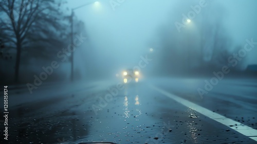 Headlights of a car approaching on a foggy road at night. The road is wet from the rain. The white lines on the road are barely visible. photo