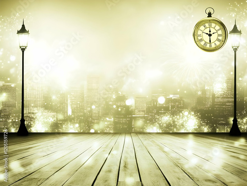 Cityscape with Fireworks an...