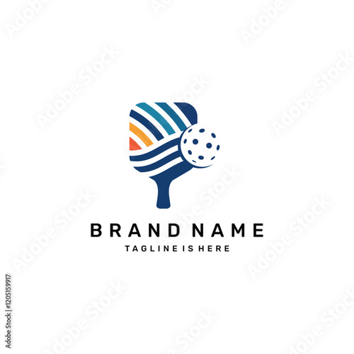Pickleball racket and ball vector logo illustration with game wave lines