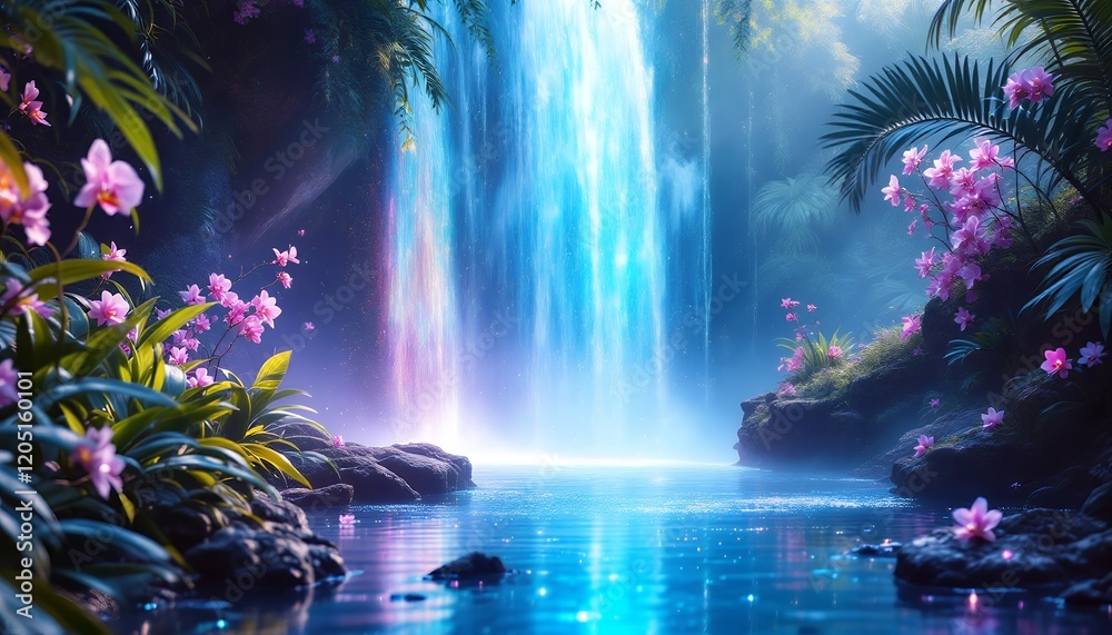 Magical Waterfall Landscape with Pink Orchids and Blue Water Magical Waterfall Landscape with Pink Orchids and Blue Water