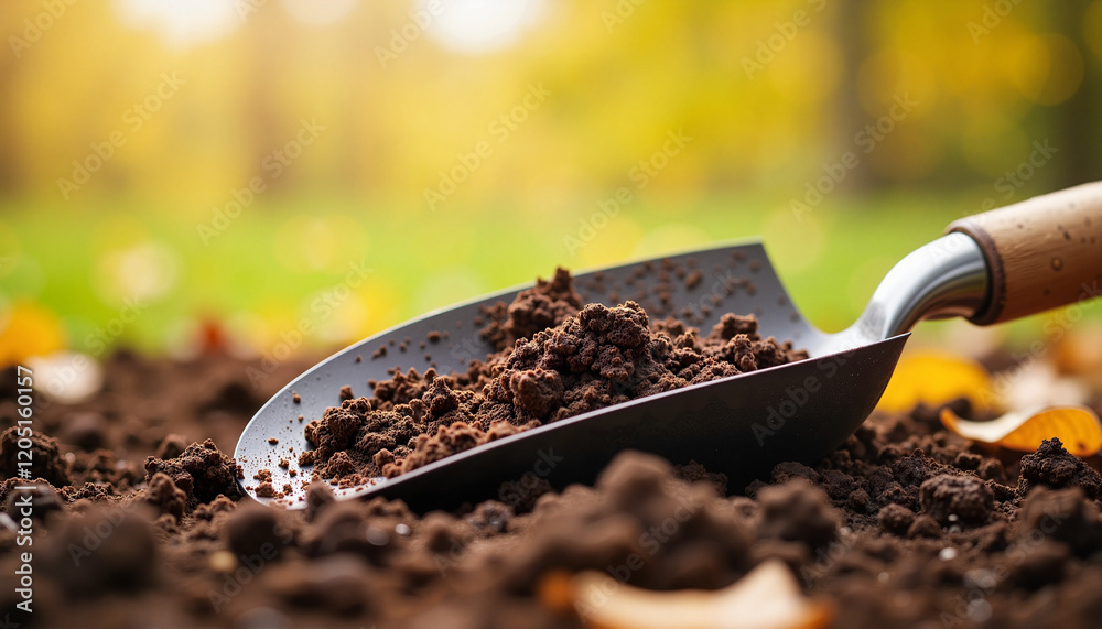 Scoop of soil in a garden with blurred autumn background Scoop of soil in a garden with blurred autumn background