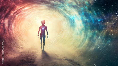 An alien explorer discovering a hidden space anomaly that bends light and time