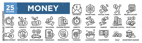 Money icon collection set. Containing design finance, money, business, financial, banking, investment	