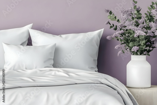 White Bed Linen with Pillows and Purple Flowers in Vase on the Nightstand with Purple Wall Background
