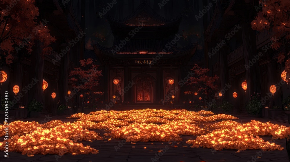 Illuminated Autumn Temple Courtyard with Golden Petals Illuminated Autumn Temple Courtyard with Golden Petals
