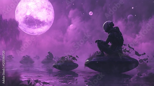 A peaceful alien garden with floating plants and an alien tending to them under a purple sky photo