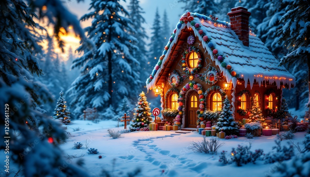 Magical Gingerbread House in Snowy Winter Forest Magical Gingerbread House in Snowy Winter Forest