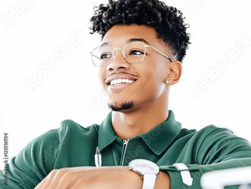 Smiling Young Man Looks Up ...