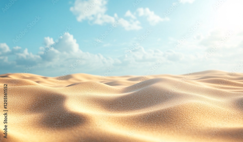 Naklejka premium Soft Sand Dunes Under Blue Sky with Fluffy Clouds and Sunlight