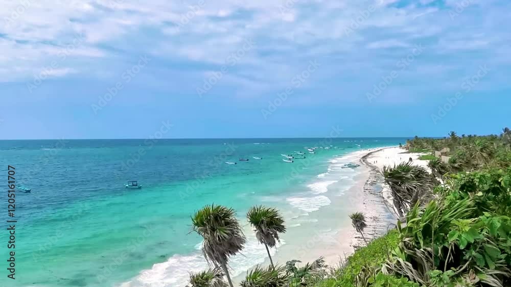Playa Santa Fe tropical paradise beach panorama view Tulum Mexico. Playa Santa Fe tropical paradise beach panorama view Tulum Mexico.