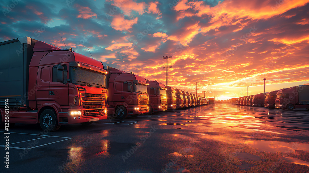Fototapeta premium Trucks parked in a lot at sunset with vibrant skies and reflections on the pavement. Generative AI