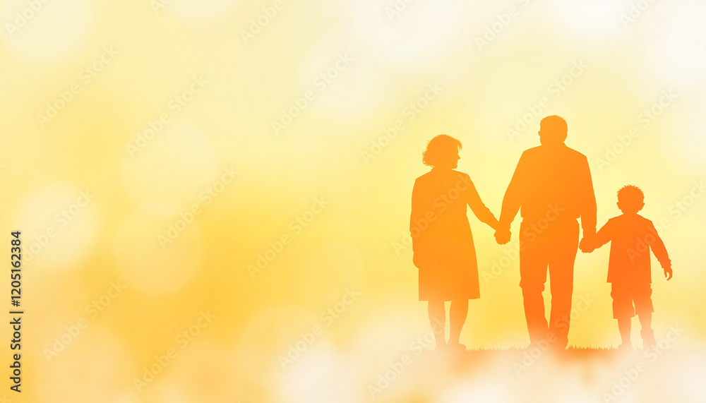 Fototapeta premium Silhouetted family walking hand in hand against yellow background